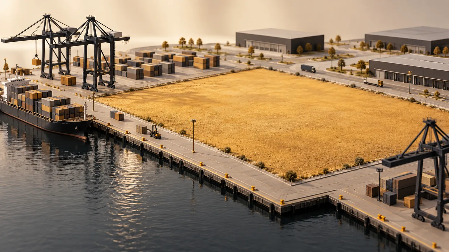 Ilustrație conceptuală a unui teren pentru dezvoltare logistică într-un port.